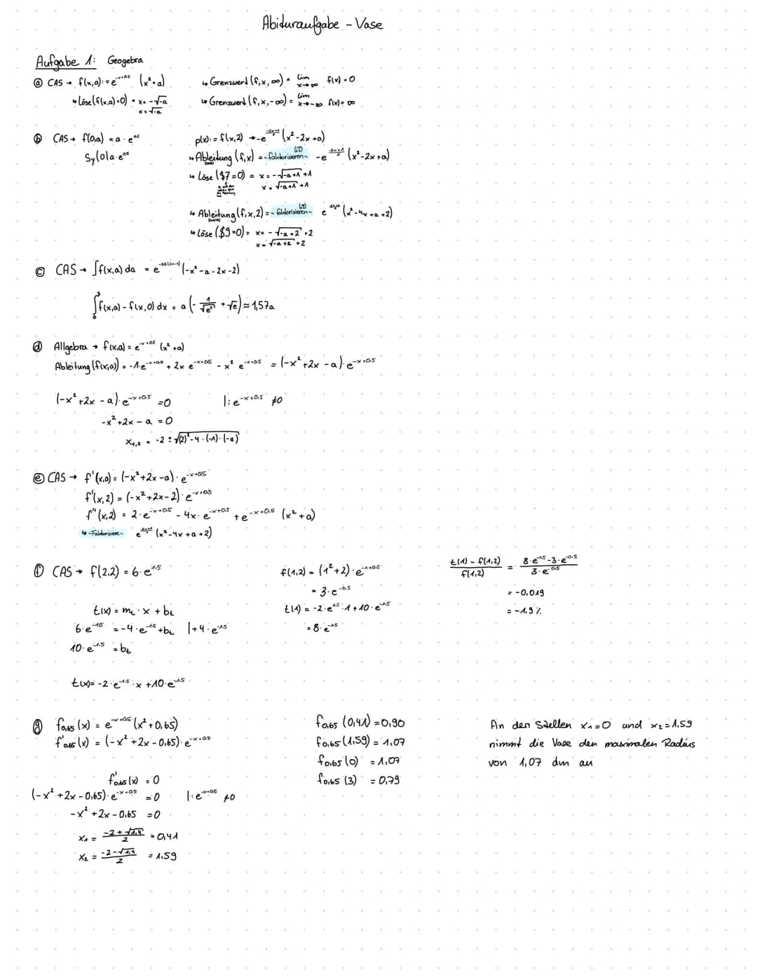 Aufgabe 1: Geogebra
CAS+ f(x):=e**** (x² + a)
Lose (f(x.a)-0)- x -√-a
x= √-a
6 CAS+ f(aa) =a · eªs
Sylola.e
[fix.a) - fix, 0)
2,0)
1-x²+2x -