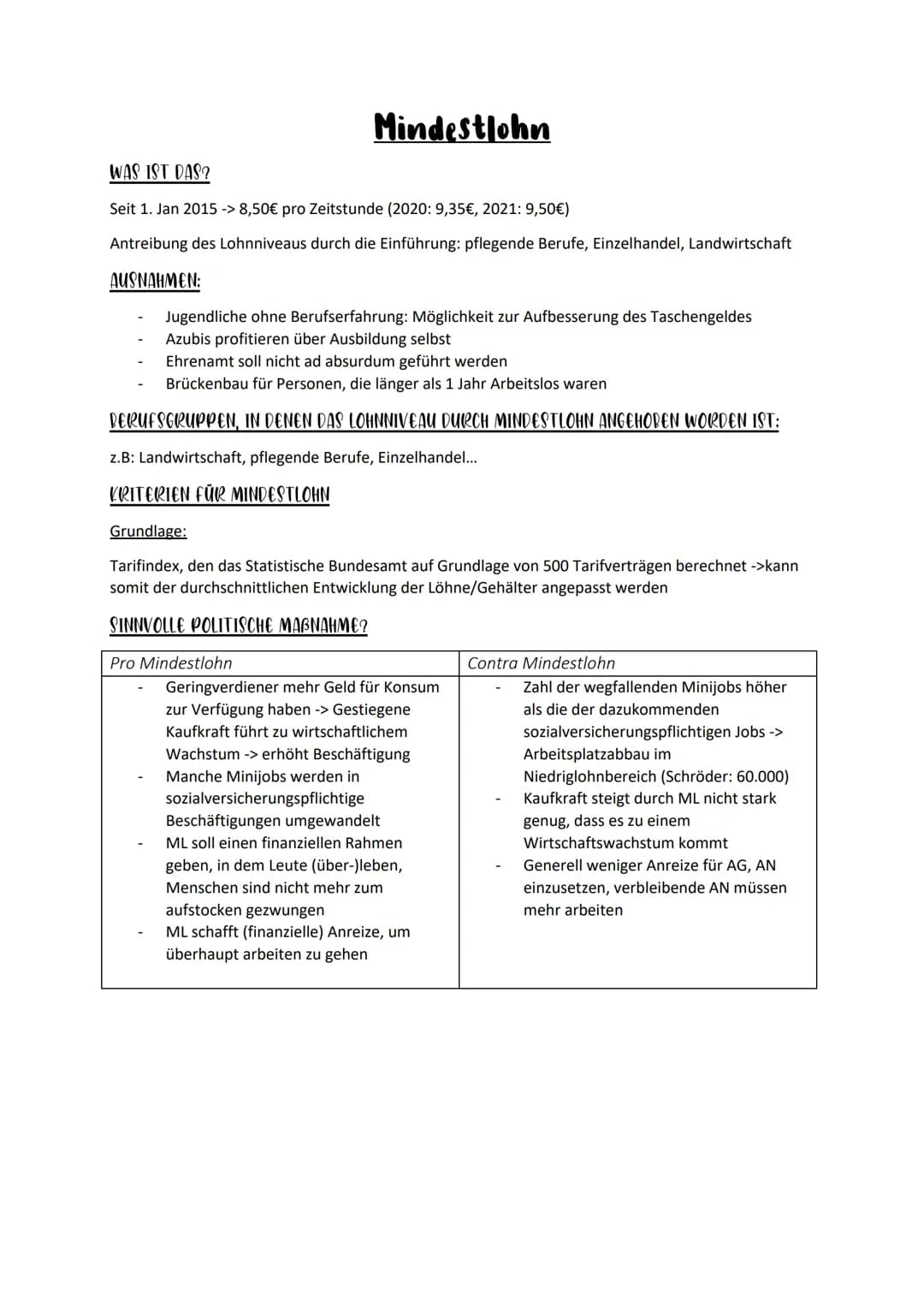 Mindestlohn
WAS IST DAS?
Seit 1. Jan 2015 -> 8,50€ pro Zeitstunde (2020: 9,35€, 2021: 9,50€)
Antreibung des Lohnniveaus durch die Einführung