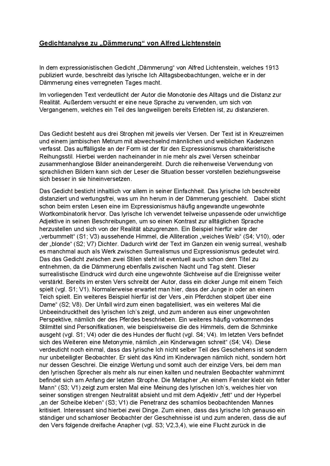 Gedichtsanalyse zu Dämmerung von Alfred Lichtenstein