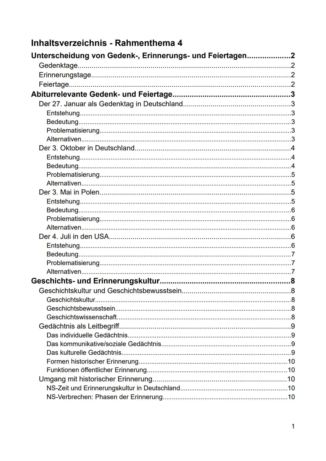 Inhaltsverzeichnis - Rahmenthema 4
Unterscheidung von Gedenk-, Erinnerungs- und Feiertagen....
Gedenktage....
Erinnerungstage.
Feiertage..
A