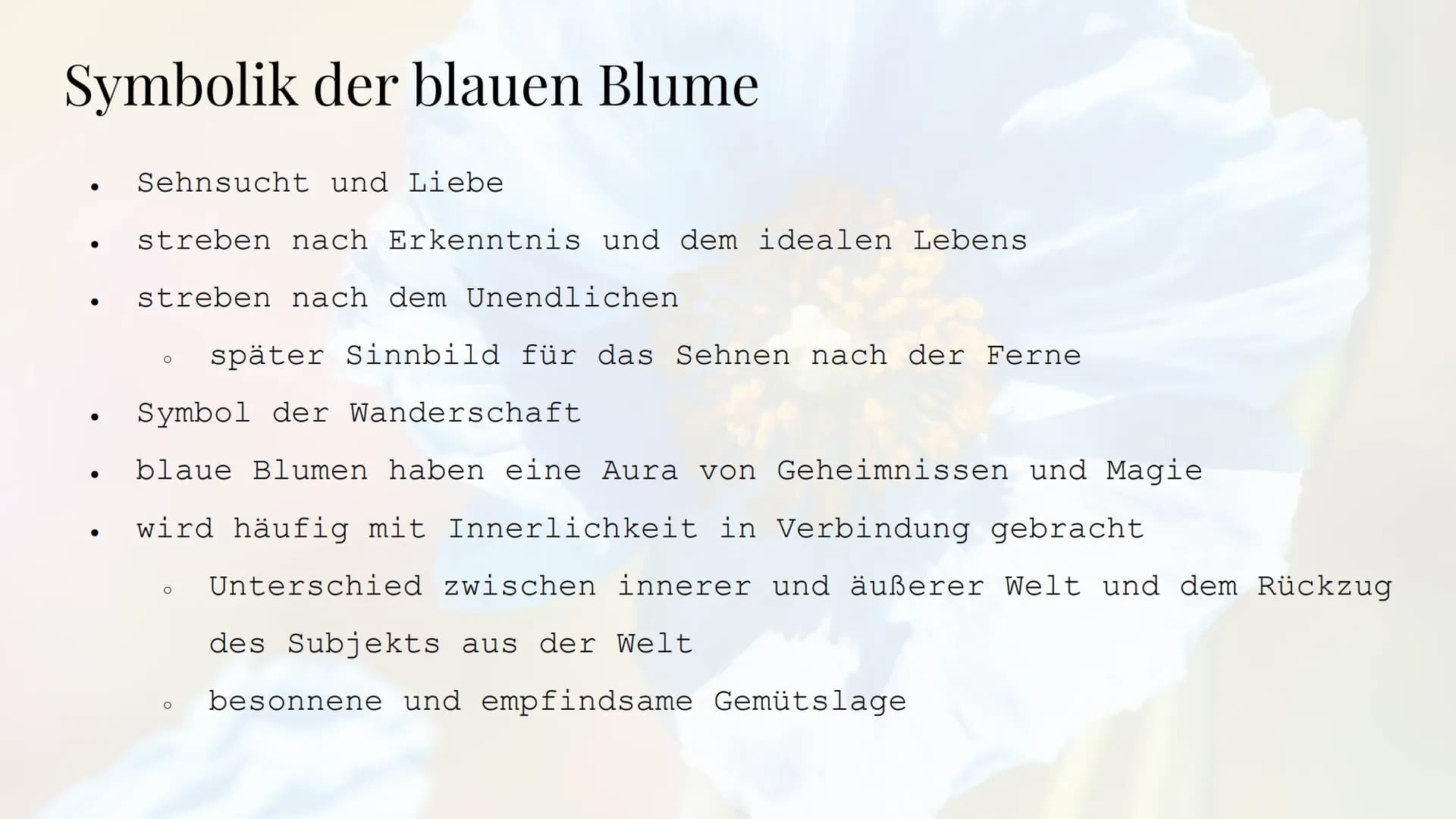 Die Sehnsucht
nach der blauen Blume
Die Romantik Sebastian Hinz
Thüringenkolleg
K Gliederung:
●
●
●
●
●
●
●
●
●
die Farbe Blau
Warum Blumen 