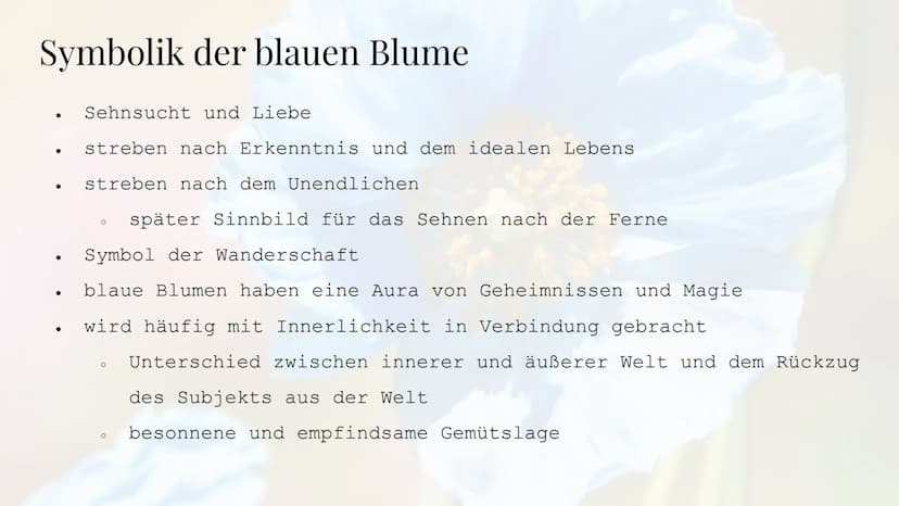 Die Sehnsucht
nach der blauen Blume
Die Romantik Sebastian Hinz
Thüringenkolleg
K Gliederung:
●
●
●
●
●
●
●
●
●
die Farbe Blau
Warum Blumen 