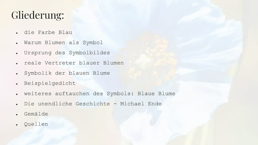 Die Sehnsucht
nach der blauen Blume
Die Romantik Sebastian Hinz
Thüringenkolleg
K Gliederung:
●
●
●
●
●
●
●
●
●
die Farbe Blau
Warum Blumen 