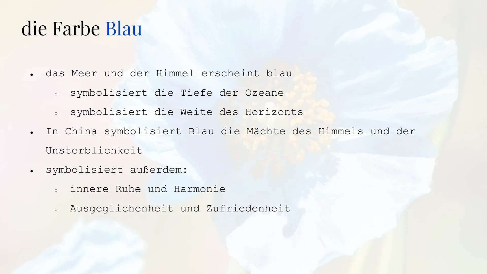 Die Sehnsucht
nach der blauen Blume
Die Romantik Sebastian Hinz
Thüringenkolleg
K Gliederung:
●
●
●
●
●
●
●
●
●
die Farbe Blau
Warum Blumen 