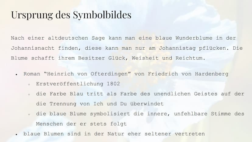 Die Sehnsucht
nach der blauen Blume
Die Romantik Sebastian Hinz
Thüringenkolleg
K Gliederung:
●
●
●
●
●
●
●
●
●
die Farbe Blau
Warum Blumen 