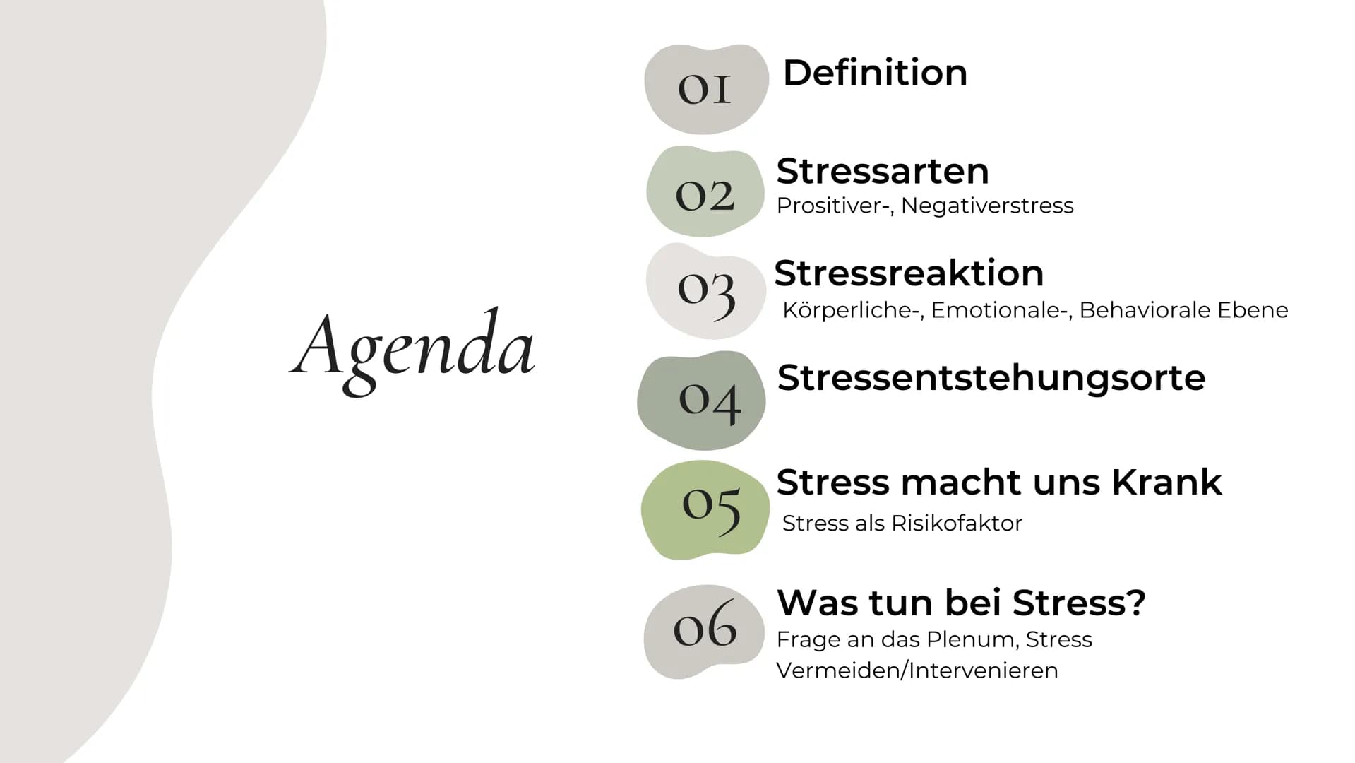 Stress
MENTALE
GESUNDHEIT Agenda
ΟΙ
02
03
04
05
об
Definition
Stressarten
Prositiver-, Negativerstress
Stressreaktion
Körperliche-, Emotiona
