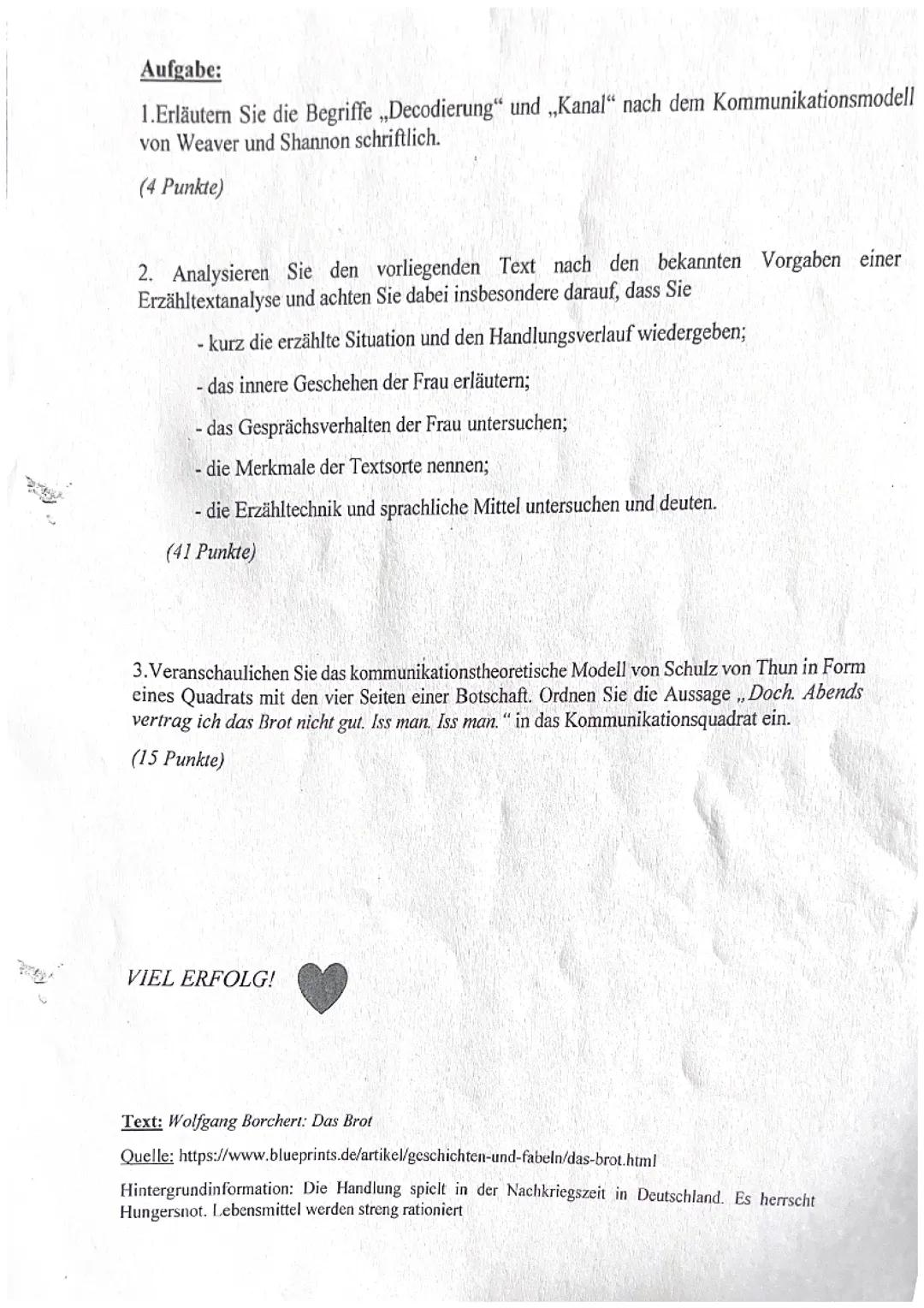 Textanalyse / Erzähltextanalyse und Kommunikationsmodell (Klausur Note 1)