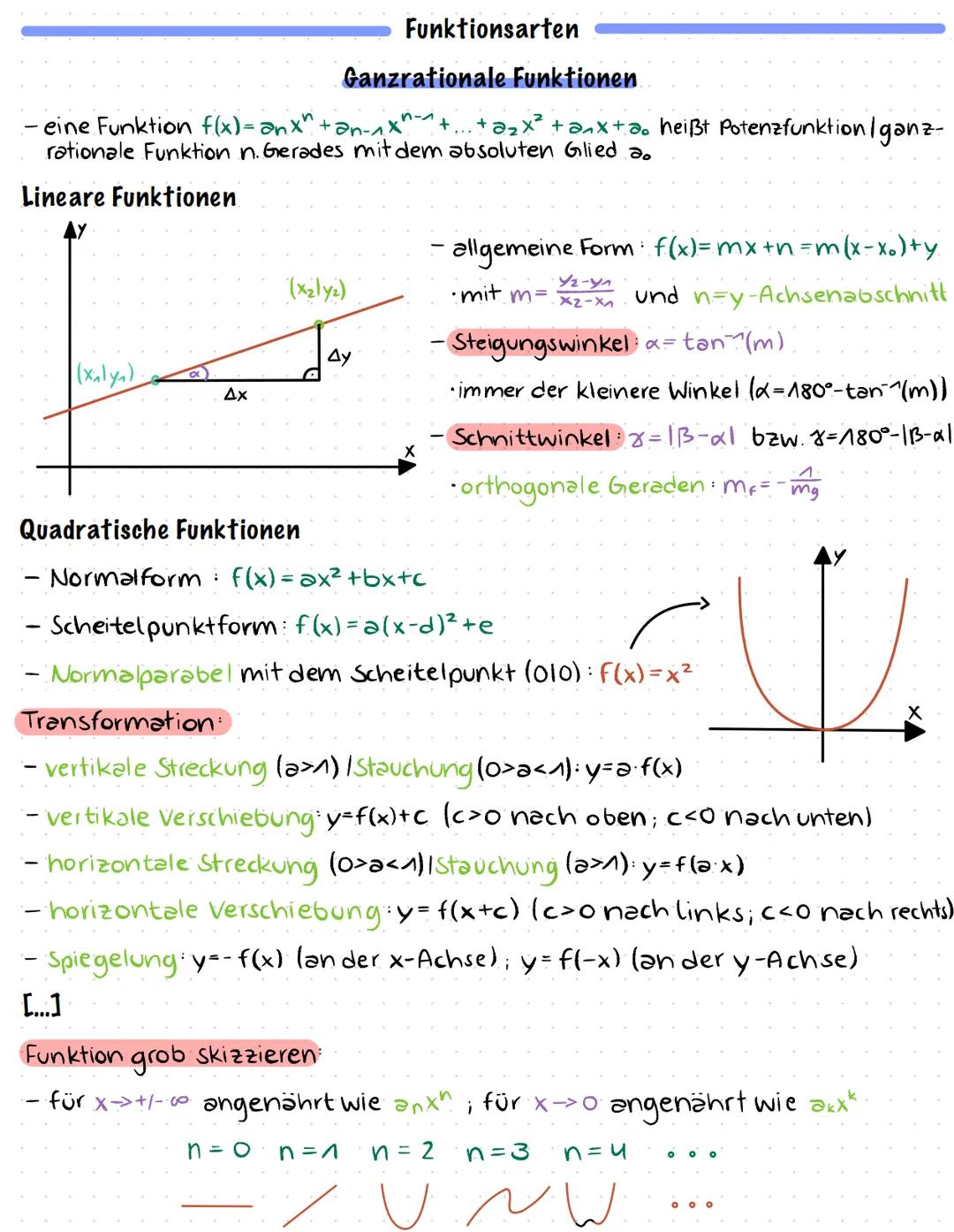 Analysis Ganzrationale Funktionen
- eine Funktion f(x)= anx² + an-^x^-^^ +...+ @₂x²³² + anx+.a. heißt Potenzfunktion / ganz-
rationale Funkt