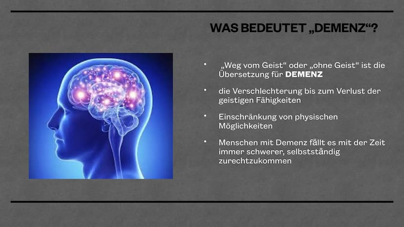 Demenz
MIRIAM& MATHILDE
*** Gliederung
●
●
●
Unterschiede Primäre und Sekundäre Demenz
• Welche Arten der Demenz gibt es?
●
●
●
●
Was bedeut