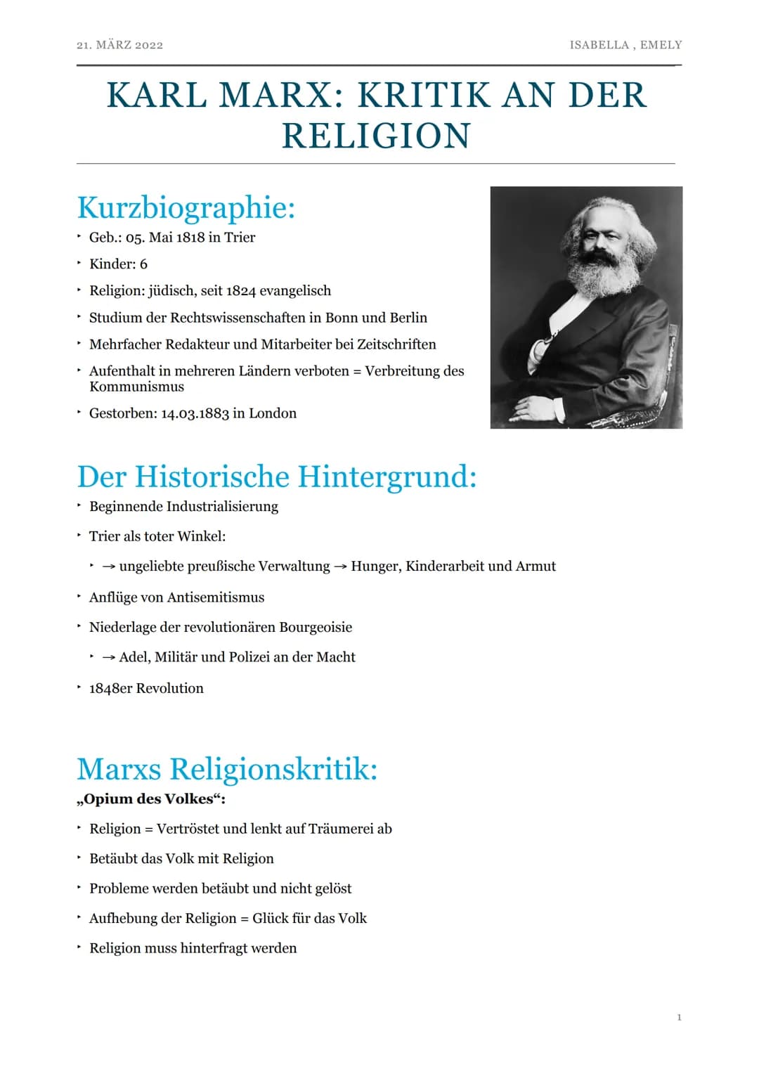 21. MÄRZ 2022
KARL MARX: KRITIK AN DER
RELIGION
Kurzbiographie:
Geb.: 05. Mai 1818 in Trier
▸ Kinder: 6
Religion: jüdisch, seit 1824 evangel