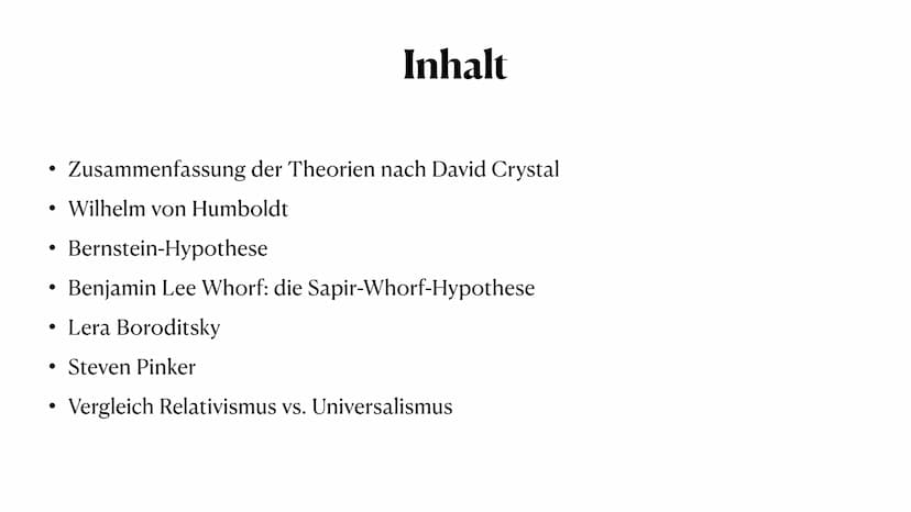 Sprache, Denken, Wirklichkeit
die verschiedenen Sprachtheorien
von Lea, Sophie, Denise und Nele ●
●
●
Inhalt
●
Zusammenfassung der Theorien 