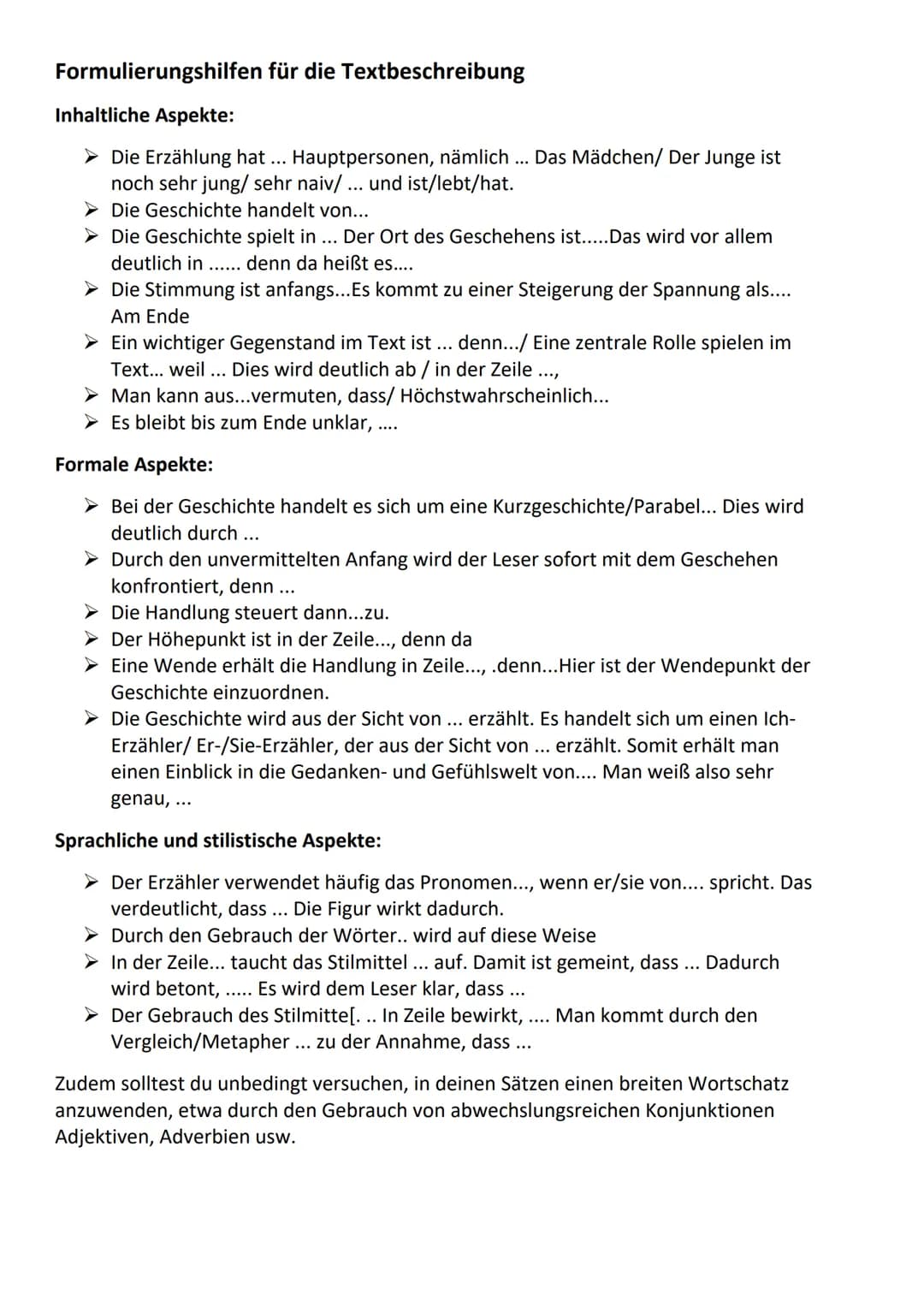 Textbeschreibung: Prosa
1. Einleitung (Titel, Autor, Textart, Thema, Erscheinungsjahr) Merke dir: TATTE
2.
Inhaltsangabe
- Text in Sinnabsch