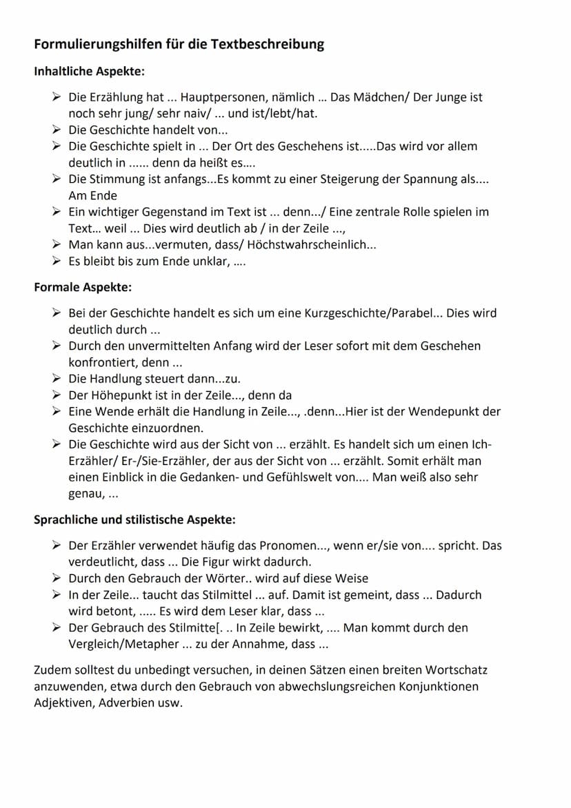 Textbeschreibung: Prosa
1. Einleitung (Titel, Autor, Textart, Thema, Erscheinungsjahr) Merke dir: TATTE
2.
Inhaltsangabe
- Text in Sinnabsch