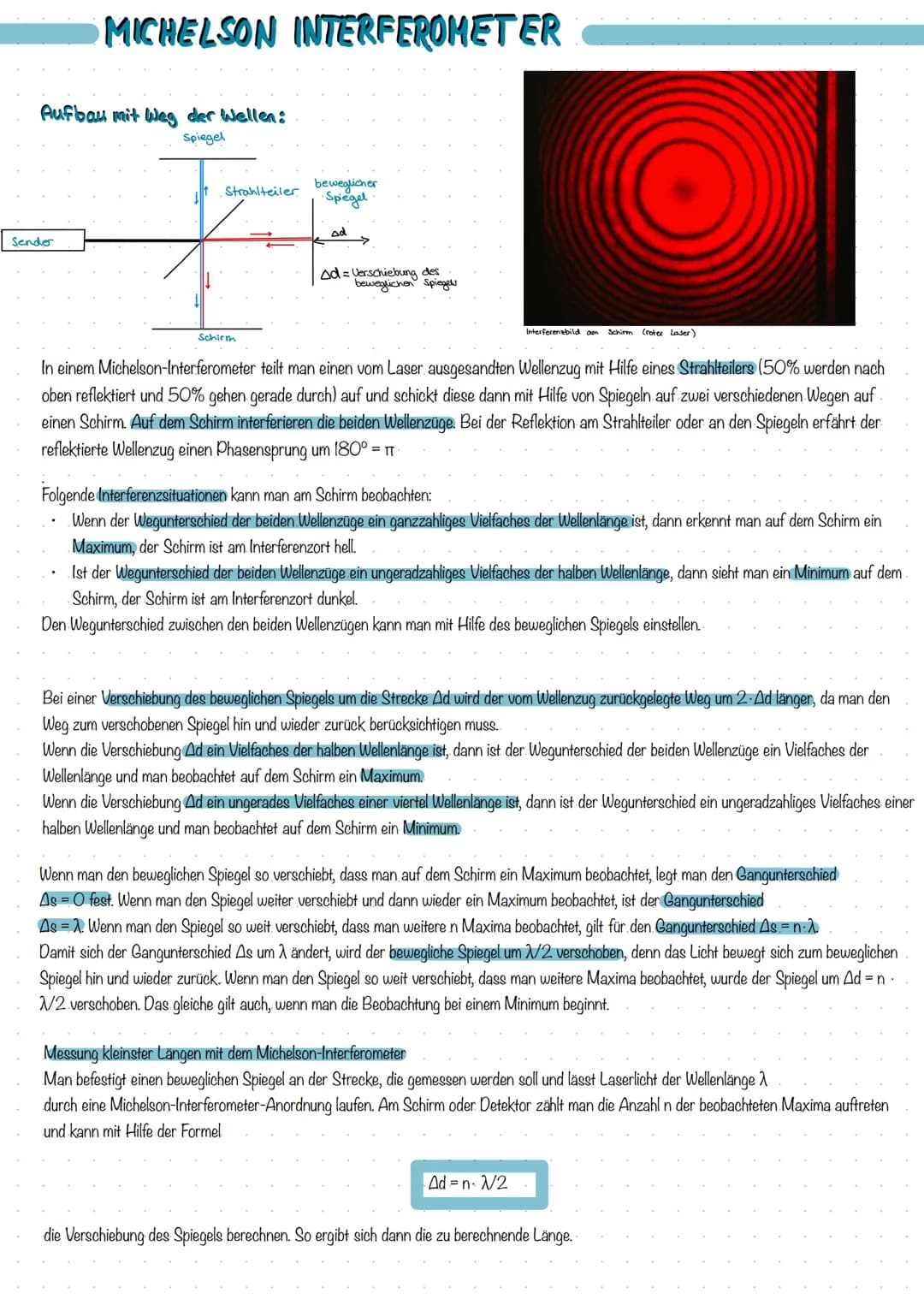 MICHELSON INTERFEROMETER
Aufbau mit Weg der Wellen:
Spiegel
Sender
Strahlteiler.
Schirm
beweglicher
・Spiegel
Ad
Ad Verschiebung des
beweglic