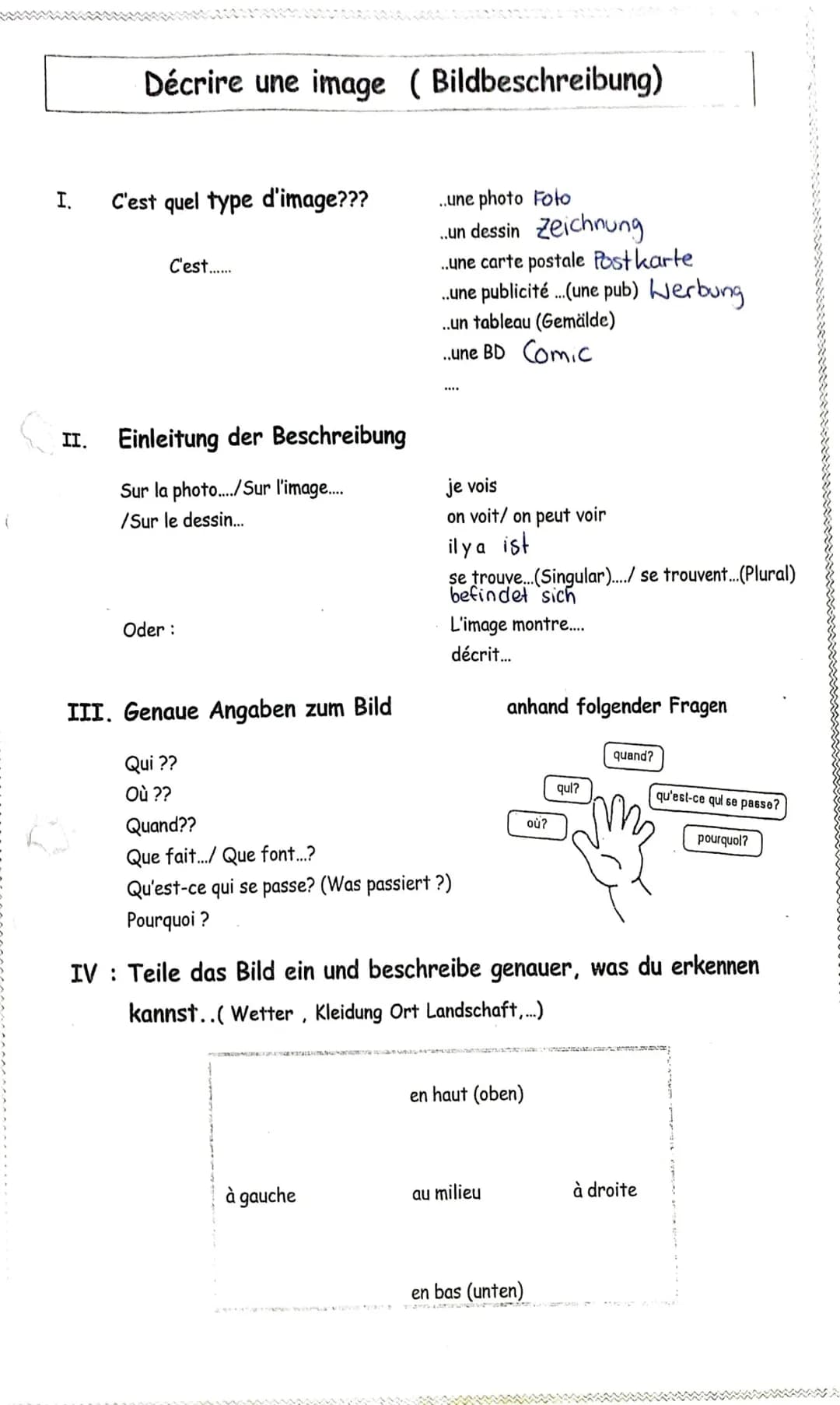 II.
Décrire une image (Bildbeschreibung)
C'est quel type d'image???
C'est......
Einleitung der Beschreibung
Sur la photo..../Sur l'image...
