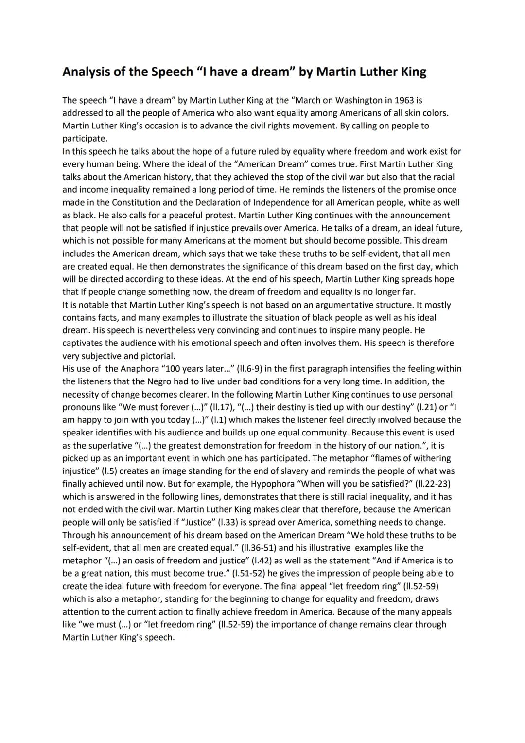 Analysis of the Speech "I have a dream" by Martin Luther King
The speech "I have a dream" by Martin Luther King at the "March on Washington 