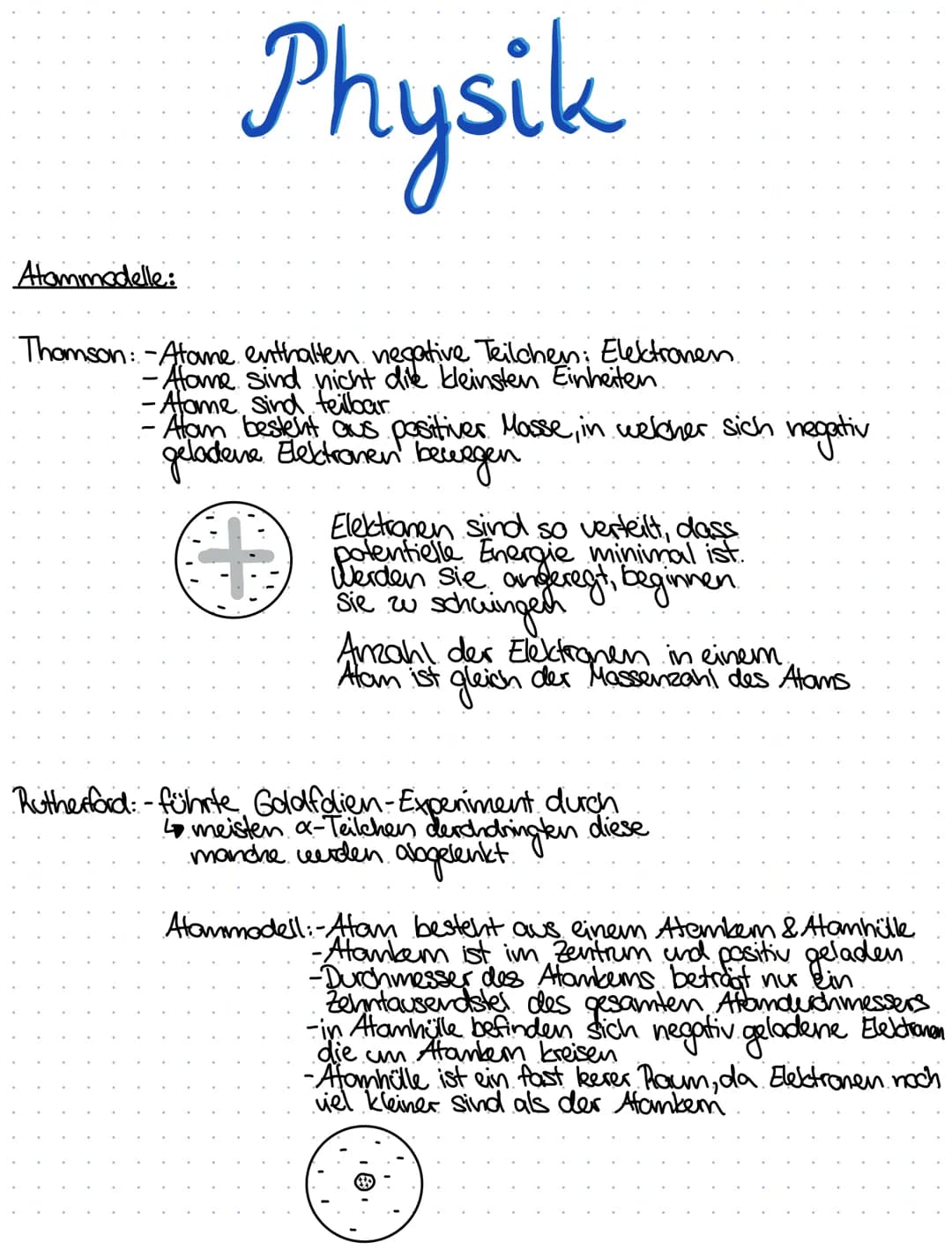 Atommodelle:
Physik
Thomson: -Atame enthalten negative Teilchen; Elektronen
-Alame sind nicht die kleinsten Einheiten.
-Atome sind teilbar
A