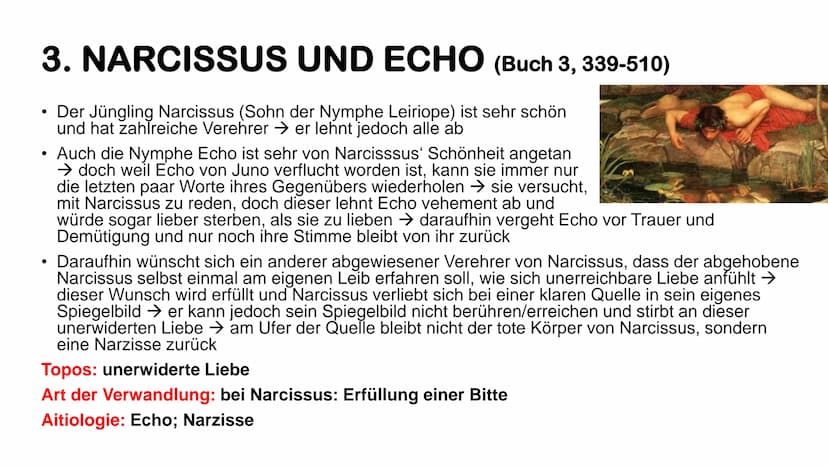Überblick zu ein paar
ausgewählten
Metamorphosen
(von Ovid) DEFINITION WICHTIGER BEGRIFFE
●
Aitiologie
eine Erzählung, die den Ursprung und 