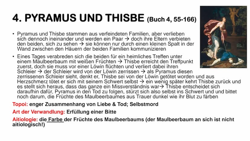Überblick zu ein paar
ausgewählten
Metamorphosen
(von Ovid) DEFINITION WICHTIGER BEGRIFFE
●
Aitiologie
eine Erzählung, die den Ursprung und 