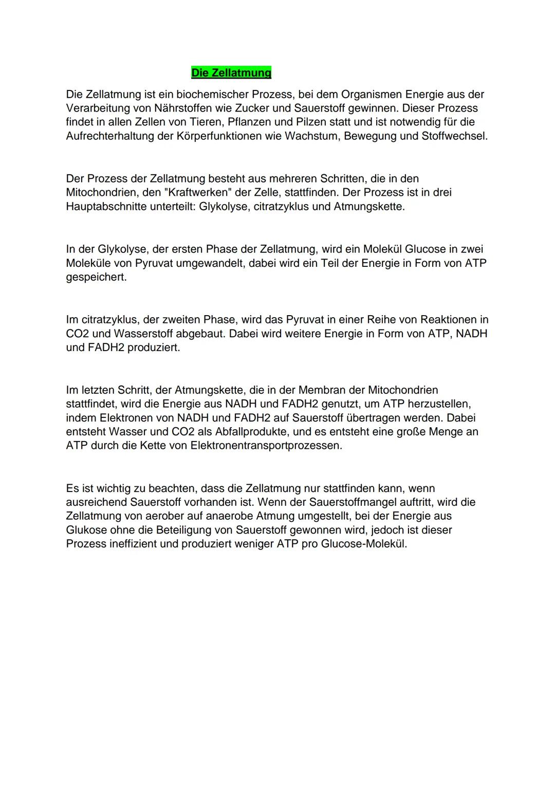 Die Zellatmung
Die Zellatmung ist ein biochemischer Prozess, bei dem Organismen Energie aus der
Verarbeitung von Nährstoffen wie Zucker und 