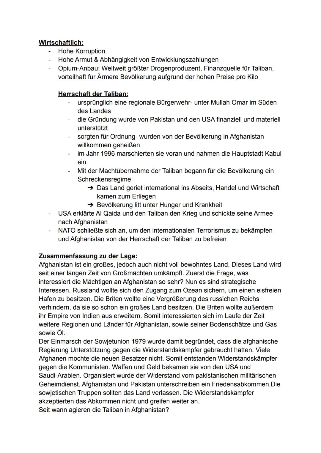 Lage in Afghanistan:
Machtübernahme durch die Talibans (Talibans = Terroristische Gruppe mit
dem Ziel an die Macht zu kommen.
im September 1