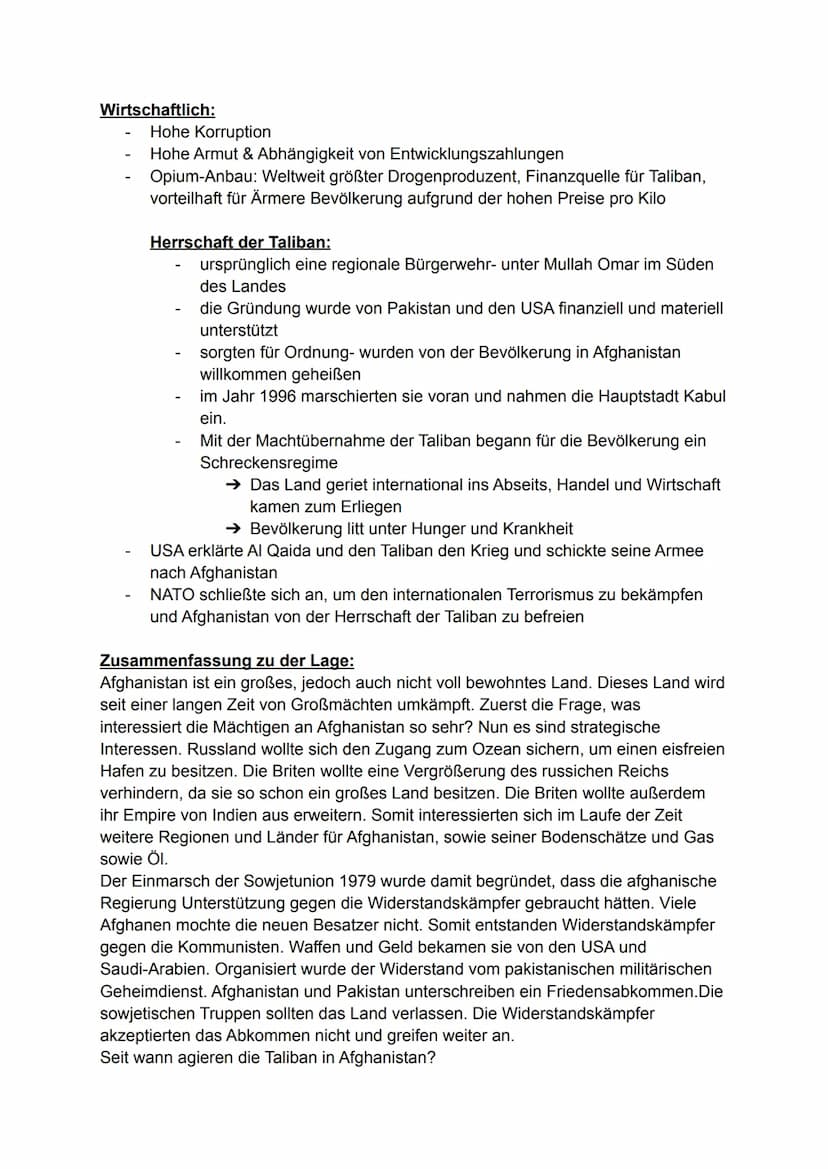 Lage in Afghanistan:
Machtübernahme durch die Talibans (Talibans = Terroristische Gruppe mit
dem Ziel an die Macht zu kommen.
im September 1
