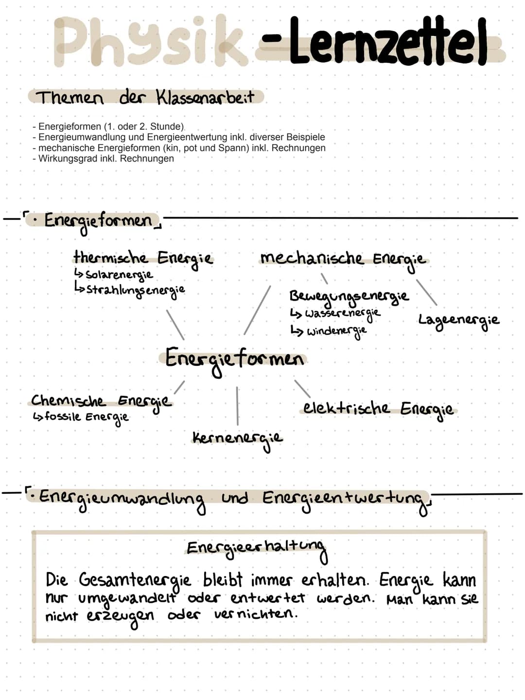 Physik-Lernzettel
Themen der Klassenarbeit
Energieformen (1. oder 2. Stunde).
- Energieumwandlung und Energieentwertung inkl. diverser Beisp