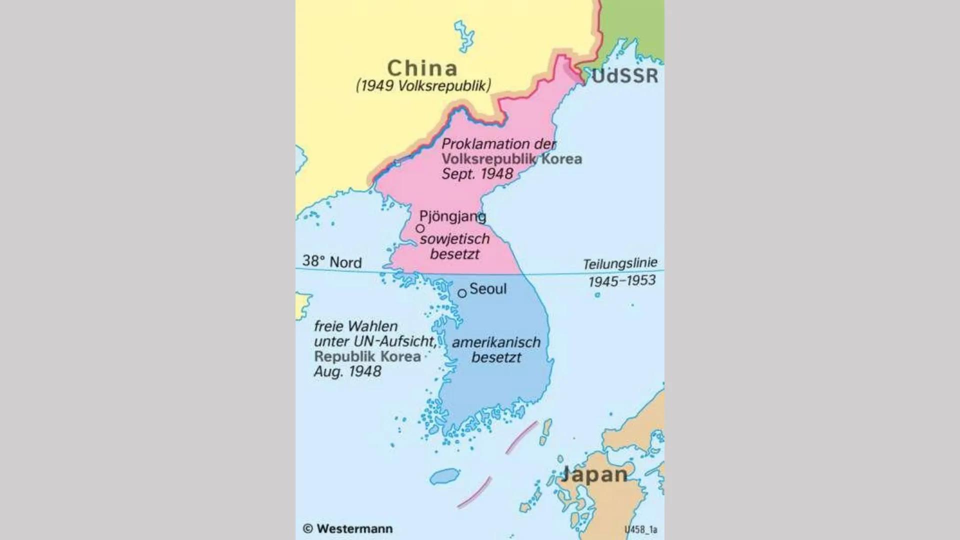 Vorgeschichte
● Korea 1910-45 von Japan beherrscht
Teilung Koreas nördl. Teil von sowjetischen Truppen besetzt; südl. von
amerikanischen Tru