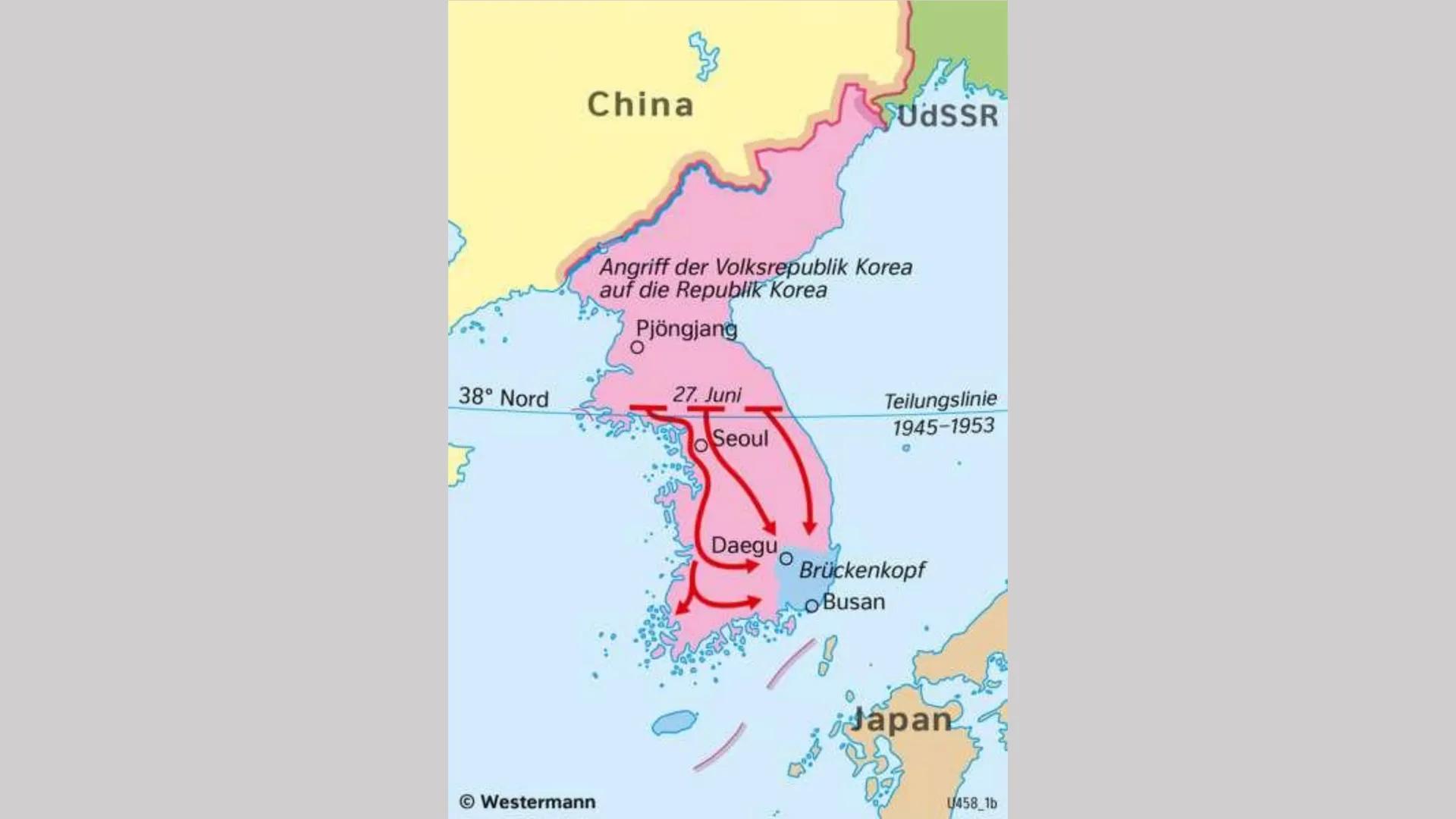 Vorgeschichte
● Korea 1910-45 von Japan beherrscht
Teilung Koreas nördl. Teil von sowjetischen Truppen besetzt; südl. von
amerikanischen Tru