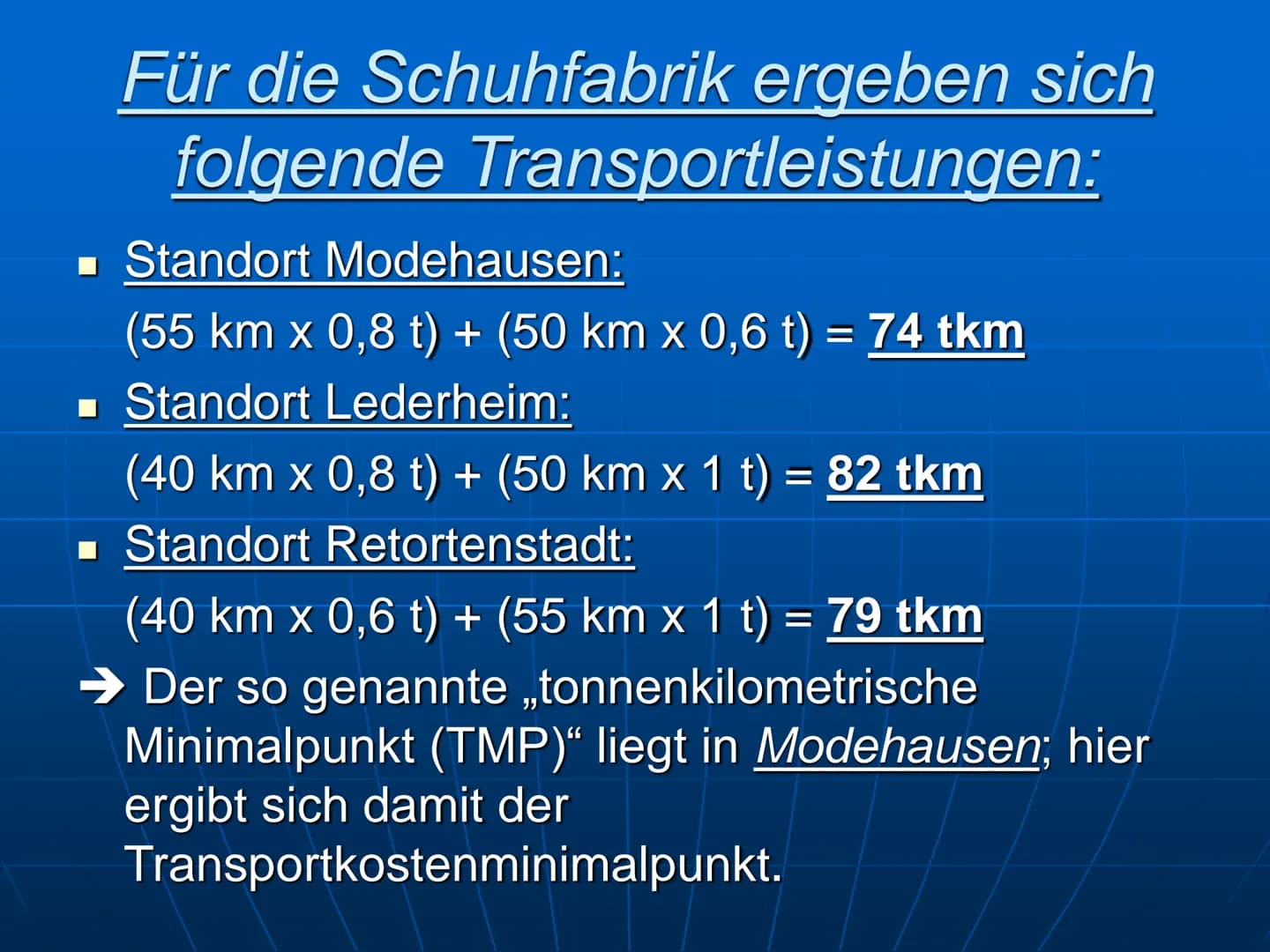 Transportkostenminimalpunkt
für eine Schuhfabrik
Standortfaktoren nach A. WEBER Für die Schuhfabrik ergeben sich
folgende Transportleistunge