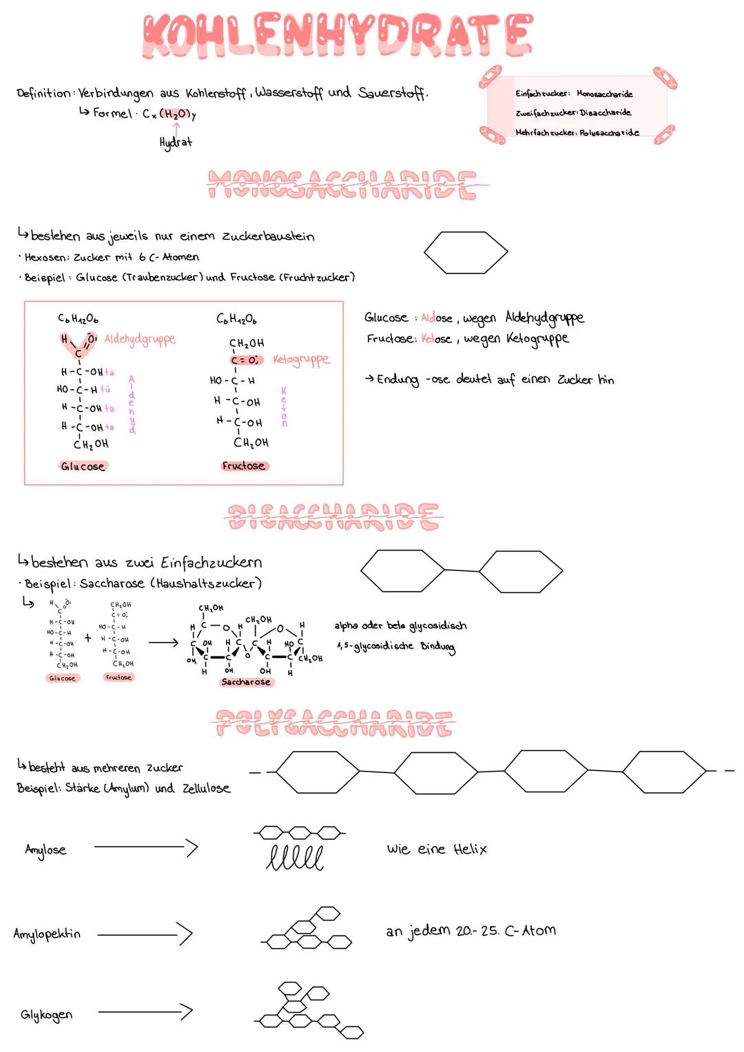 Definition: Verbindungen aus Kohlenstoff, Wasserstoff und Sauerstoff.
↳ Formel Cx (H₂O)y
Hydrat
↳bestehen aus jeweils nur einem Zuckerbauste