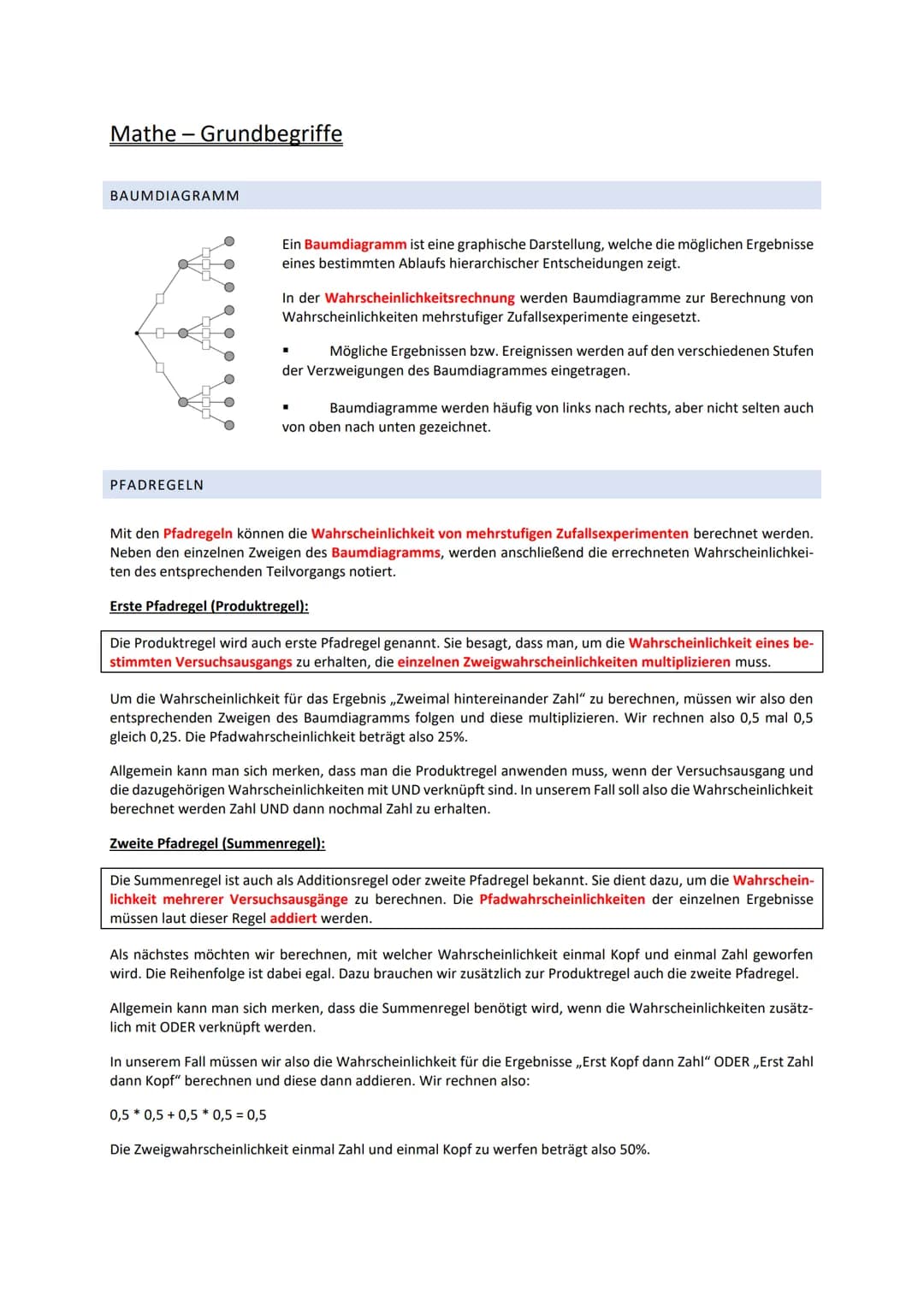 Mathe-Grundbegriffe
BAUMDIAGRAMM
PFADREGELN
Ein Baumdiagramm ist eine graphische Darstellung, welche die möglichen Ergebnisse
eines bestimmt