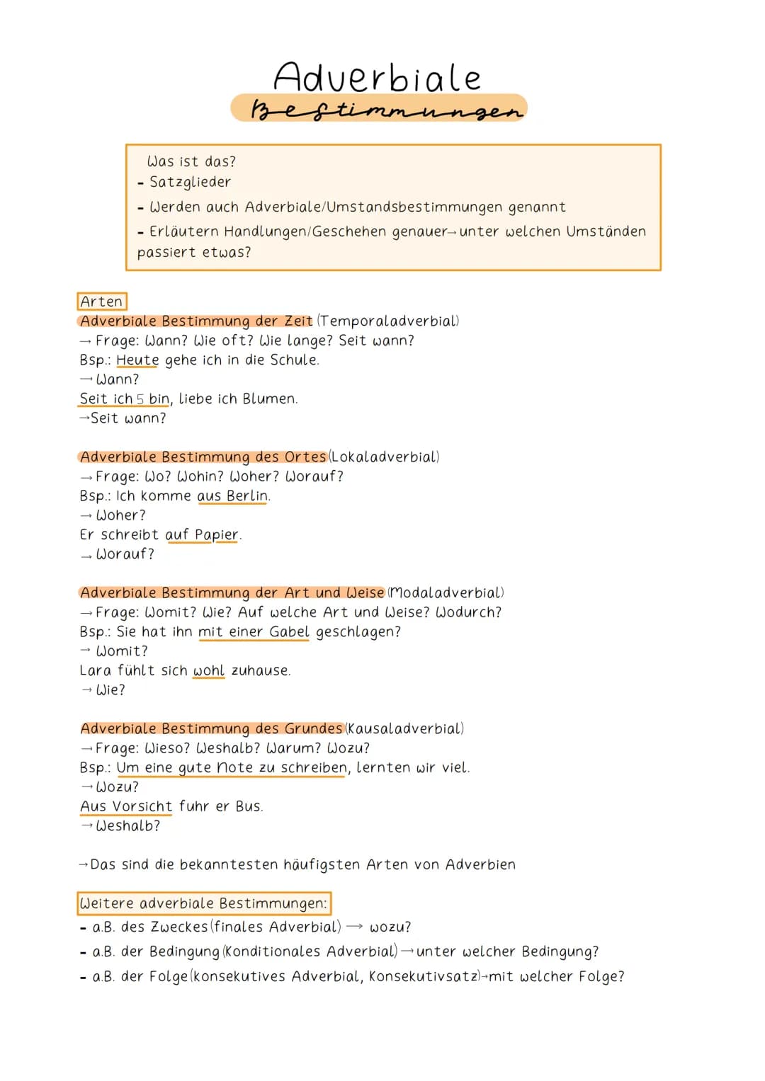 Adverbiale
веде
mmungen
Was ist das?
- Satzglieder
- Werden auch Adverbiale/Umstandsbestimmungen
genannt
- Erläutern Handlungen/Geschehen ge