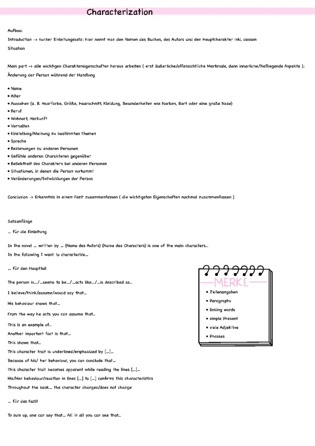 Charakterisierung Vorlage PDF und Beispiele für die Schule