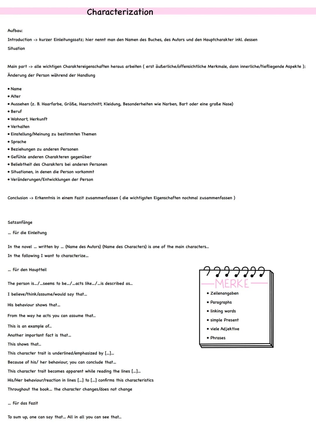 Aufbau:
Introduction -> kurzer Einleitungssatz; hier nennt man den Namen des Buches, des Autors und den Hauptcharakter inkl. dessen
Situatio