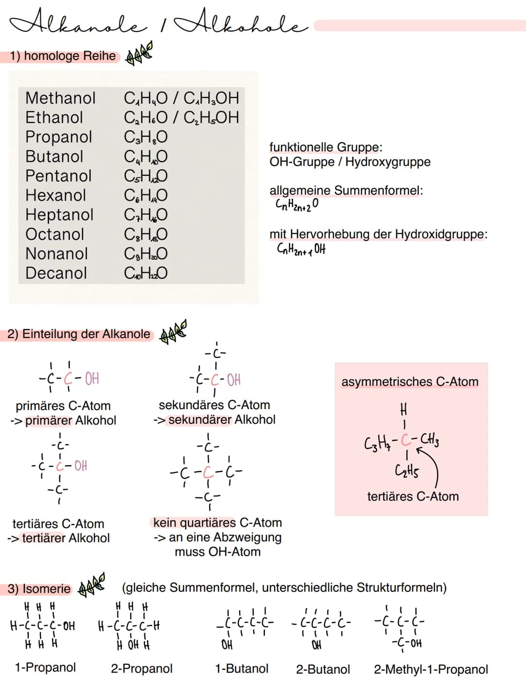 Alkanale 1 Alkohole
1) homologe Reihe
Methanol C₂H₂O/C₂H₂OH
Ethanol
C₂H6O / C₂HOH
Propanol C₂H₂O
Butanol
C₂H₂O
Pentanol CHO
Hexanol
CHO
Hept