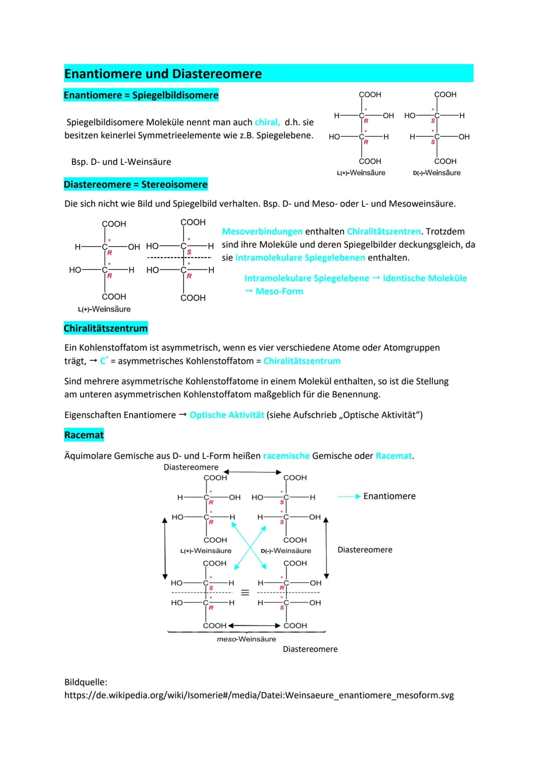 Enantiomere und Diastereomere
Enantiomere Spiegelbildisomere
Spiegelbildisomere Moleküle nennt man auch chiral, d.h. sie
besitzen keinerlei 