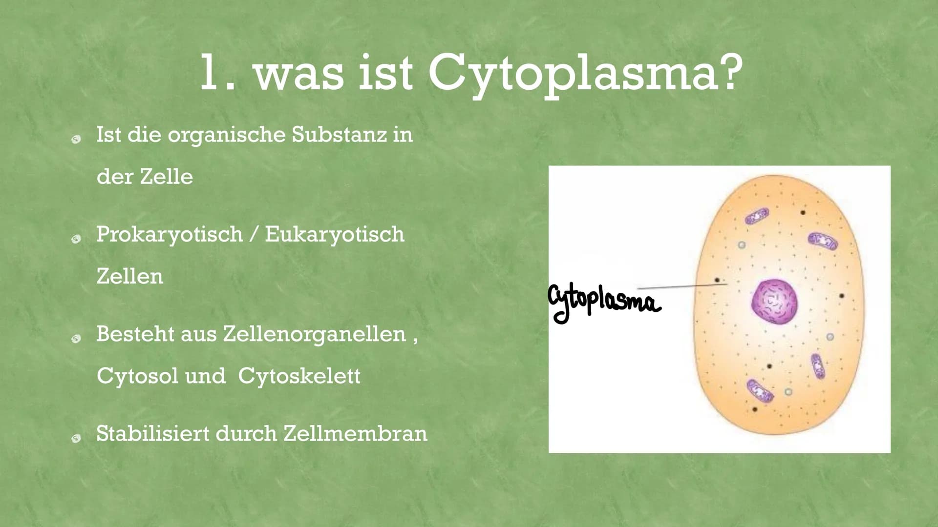 aytoplasma
Was ist Cytoplasma
Das gytoplasma ist die Flüssige Grundsubstanz innerhalb line selle,
also besser gesagt innerhalb der Zellmem b