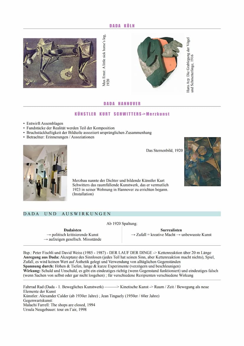 DADAISMUS
→ Entstehung im 1. Weltkrieg
• 1916 Gründung des ,,Cabaret Voltaire" in Zürich = Versammlungsort für politische Emigranten, Heimat