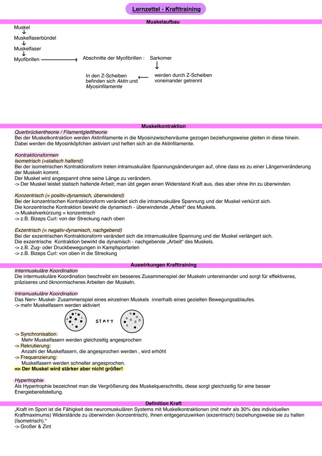# Lernzettel - Krafttraining

Muskel
↓
Muskelfaserbündel
↓
Muskelfaser
Myofibrillen

Muskelaufbau

Abschnitte der Myofibrillen: Sarkomer
↓

