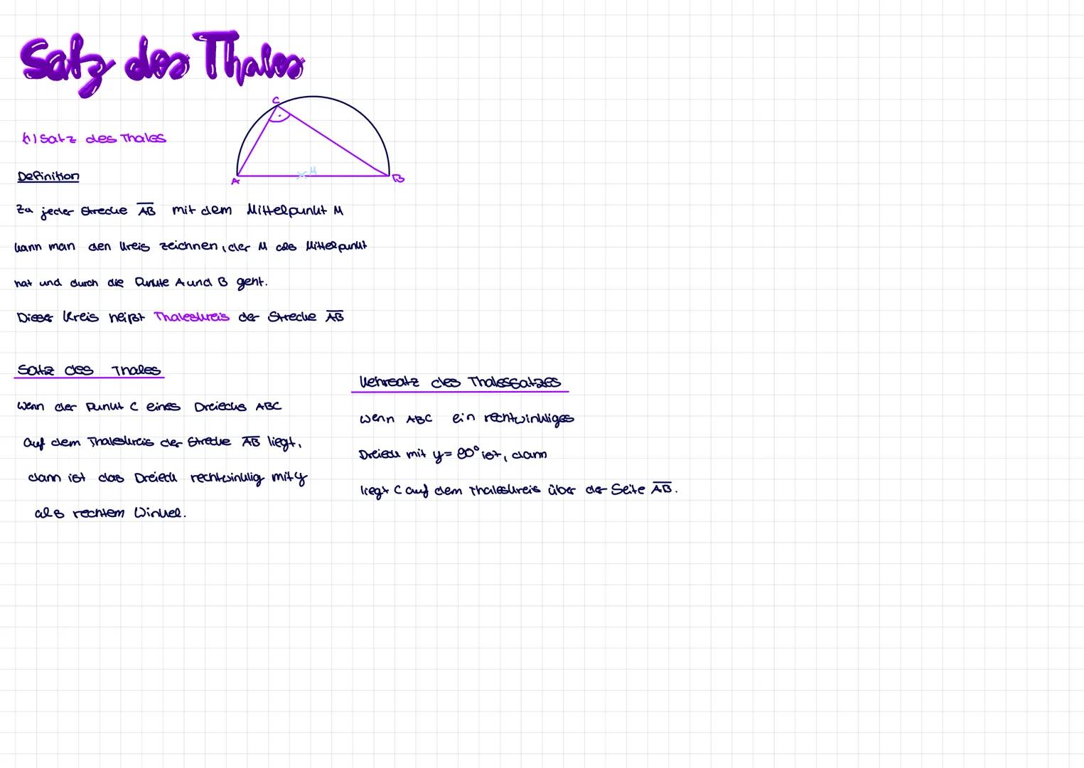 # Satz des Thales

hisatz des Thales

Definition

Za jeder Strecke $\overline{AB}$ mit dem Mittelpunkt M

kann man den Ureis zeichnen,cler M