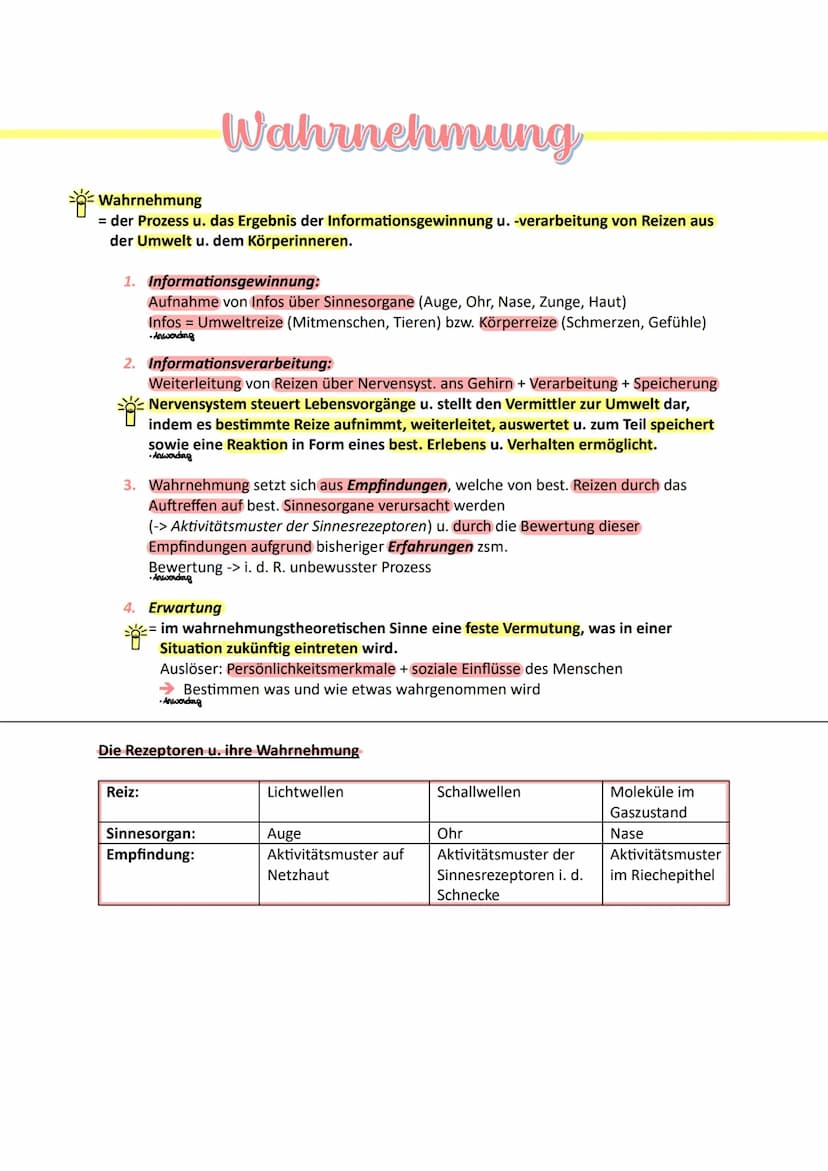 FACHABITUR Wahrnehmung
Wahrnehmung
= der Prozess u. das Ergebnis der Informationsgewinnung u. -verarbeitung von Reizen aus
der Umwelt u. dem