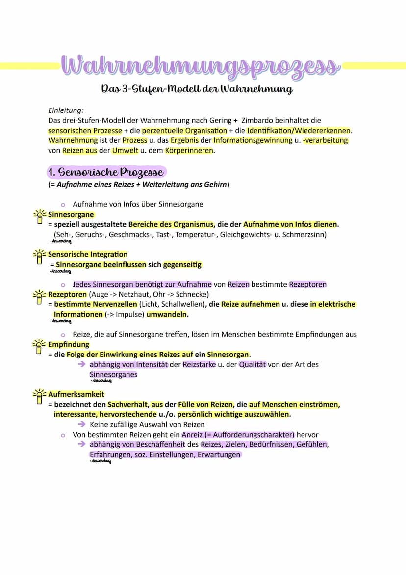 FACHABITUR Wahrnehmung
Wahrnehmung
= der Prozess u. das Ergebnis der Informationsgewinnung u. -verarbeitung von Reizen aus
der Umwelt u. dem