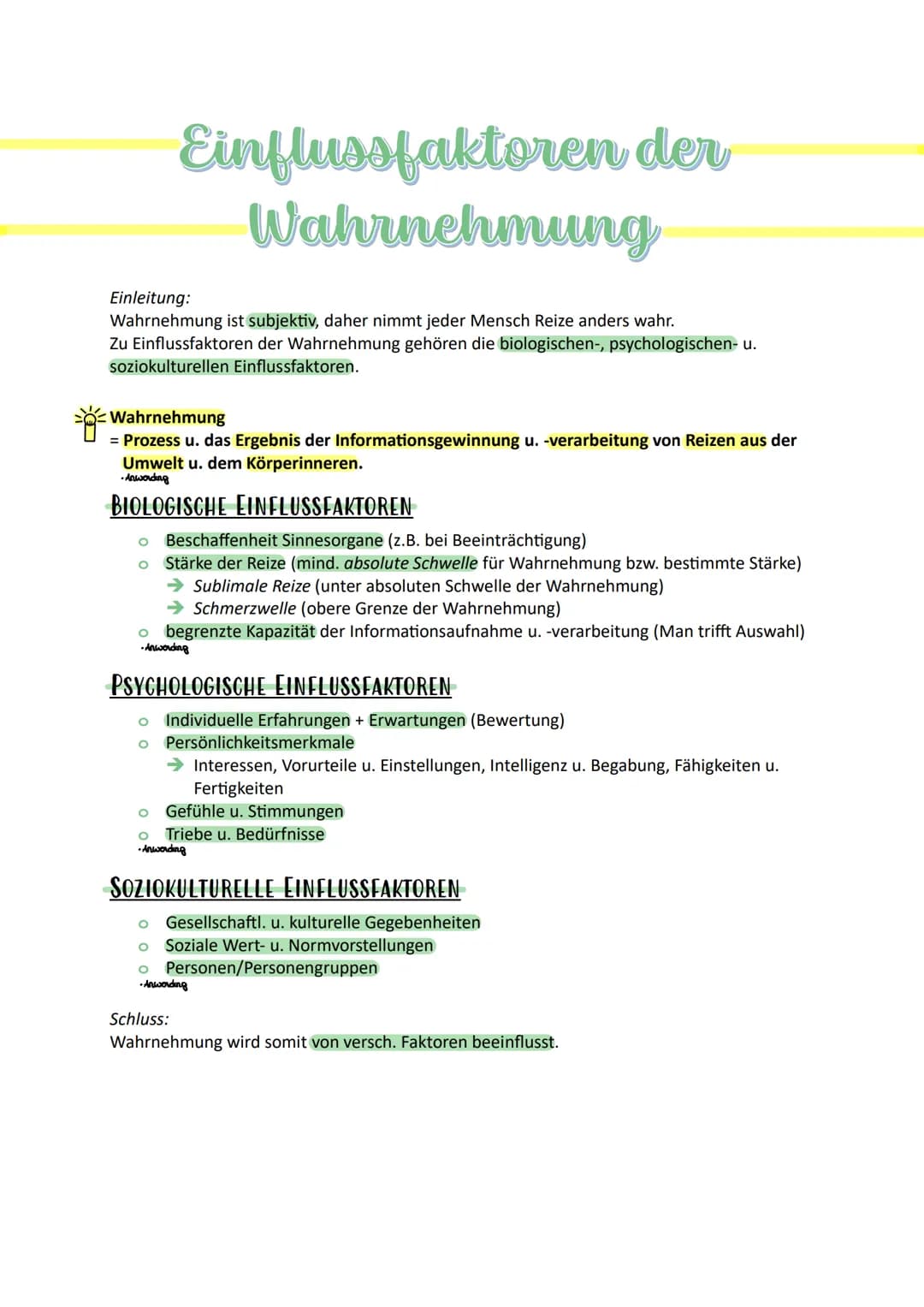 FACHABITUR Wahrnehmung
Wahrnehmung
= der Prozess u. das Ergebnis der Informationsgewinnung u. -verarbeitung von Reizen aus
der Umwelt u. dem
