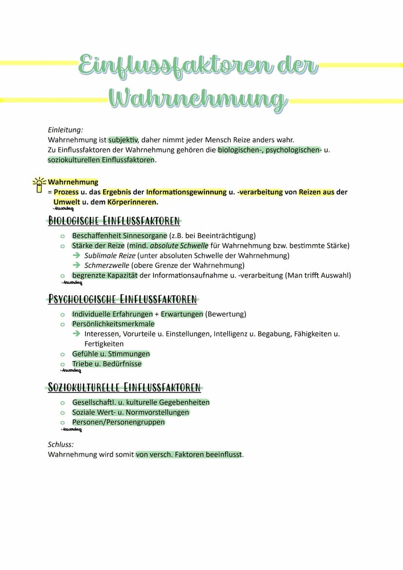 FACHABITUR Wahrnehmung
Wahrnehmung
= der Prozess u. das Ergebnis der Informationsgewinnung u. -verarbeitung von Reizen aus
der Umwelt u. dem