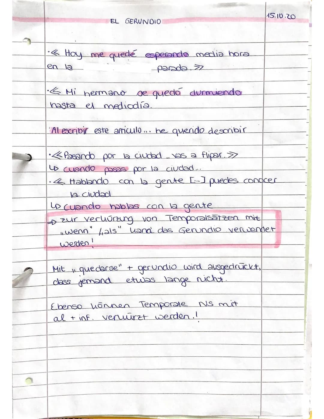 EL GERUNDIO
•< Hoy me quedé esperando media hora
en la
parada. Z
1.4 Mi hermano
se quedó durmiendo
hasta el mediodía.
Al escribir este artic