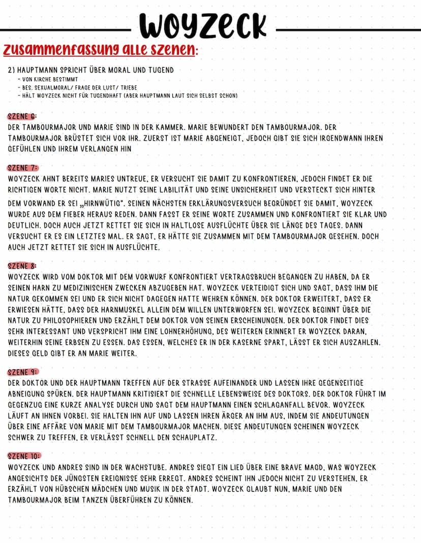 Woyzeck
Zusammenfassung alle Szenen:
SZENE 1:
WER: WOYZECK UND ANDRES
WO: FELD KEINE ÄUSSEREN EINFLÜSSE/ WOYZECK IST SCHON ALLEINE BZW. AUSS