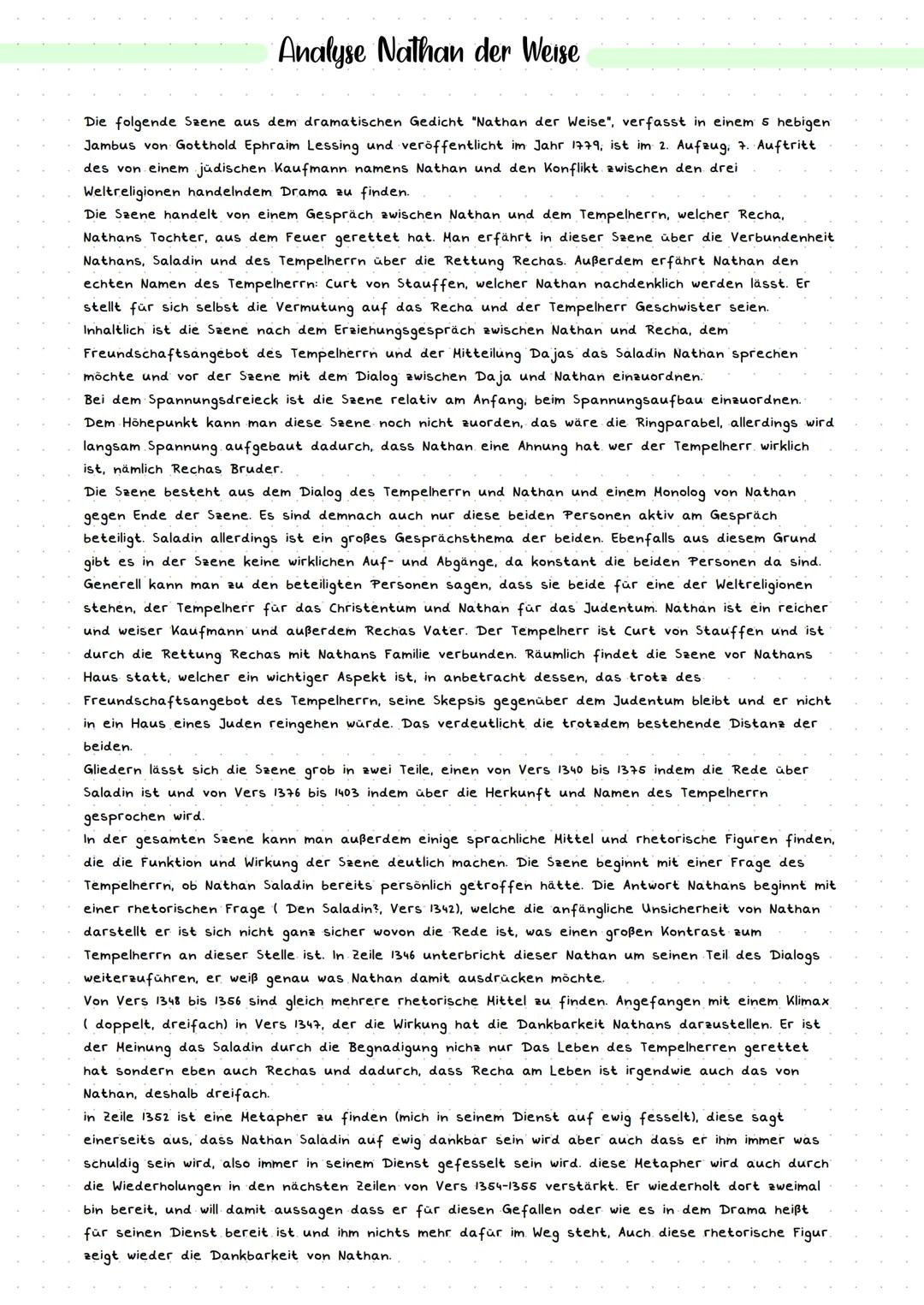 # Analyse Nathan der Weise

Die folgende Szene aus dem dramatischen Gedicht "Nathan der Weise", verfasst in einem s hebigen
Jambus von Gotth