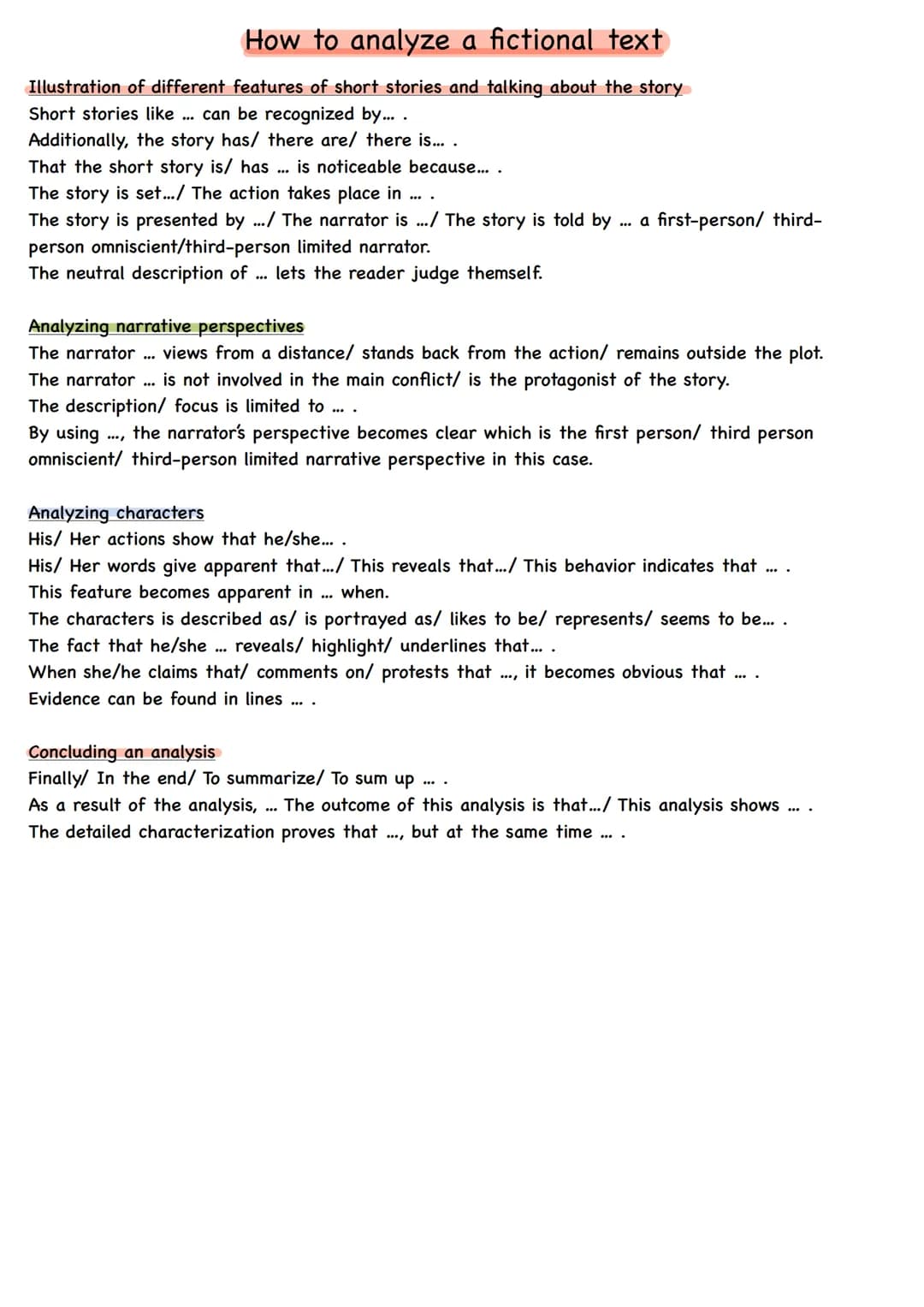 How to analyze a fictional text
Illustration of different features of short stories and talking about the story
Short stories like ... can b