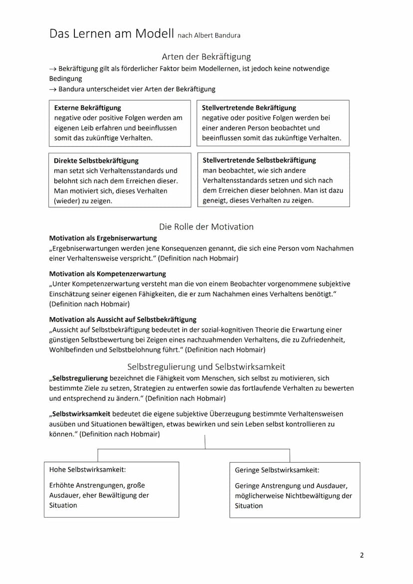 Das Lernen am Modell nach Albert Bandura
Arten der Bekräftigung
→ Bekräftigung gilt als förderlicher Faktor beim Modellernen, ist jedoch kei